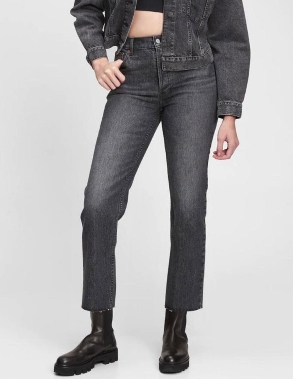 Gap 10 PETITE Cheeky Straight High-Rise Faded Black Button-Fly Denim Jeans NWT